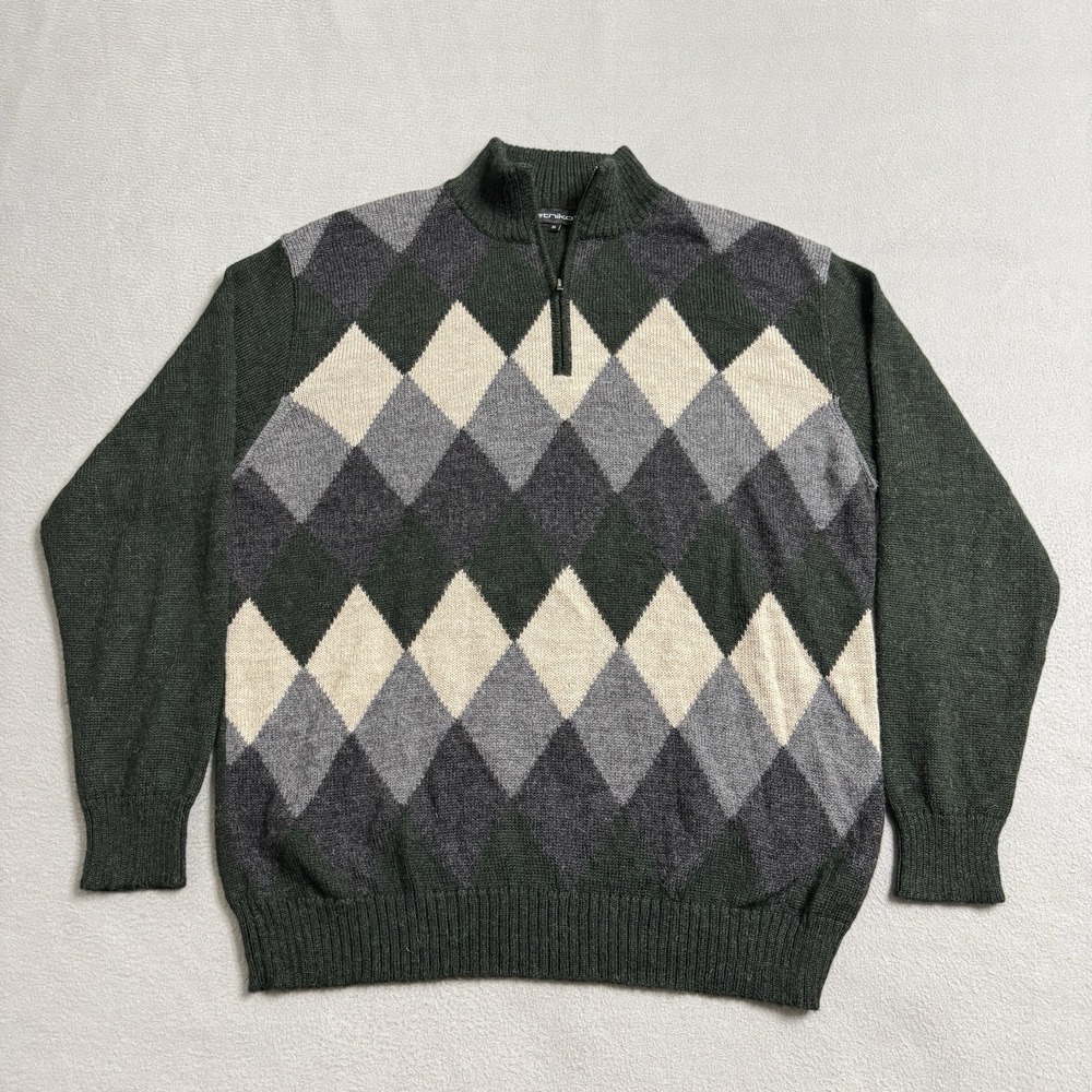 etniko Sweater Mens XL Green Baby Alpaca Pullover 1/4 Zip Argyle Geometric Peru